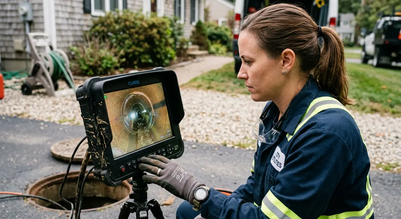 Technician reviewing sewer camera inspection footage in Lewiston