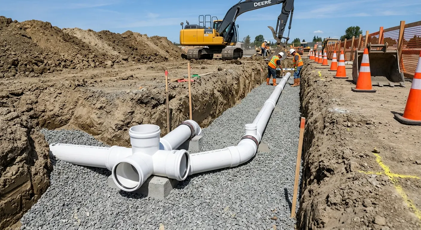 New PVC sewer pipe installation in open trench for Sewer Backup in Lewiston