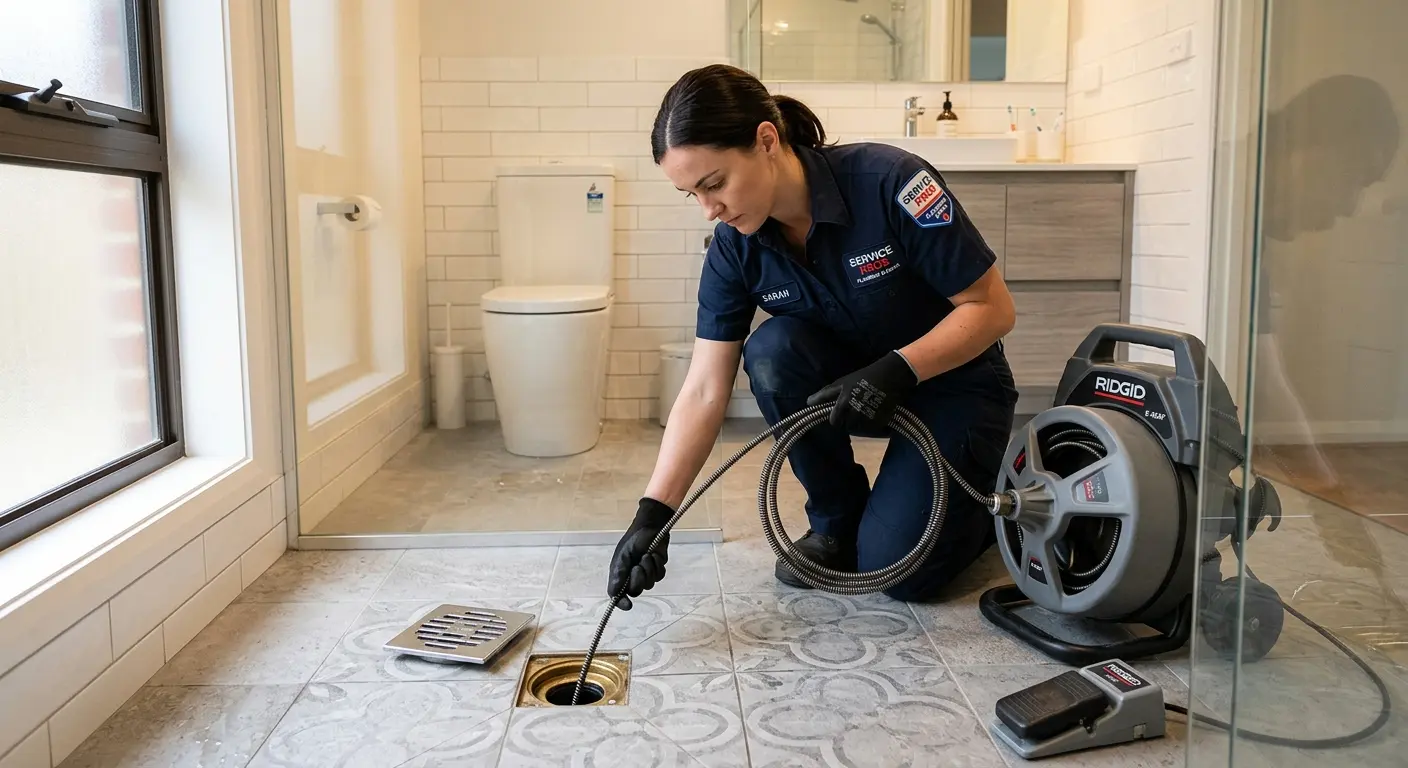 Technician clearing a bathroom floor drain for Drain Cleaning in Lewiston